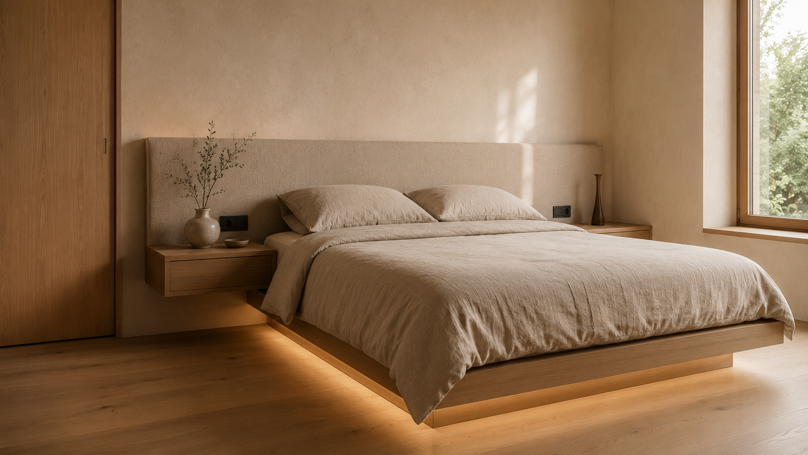 Floating storage bed with recessed plinth and slim headboard